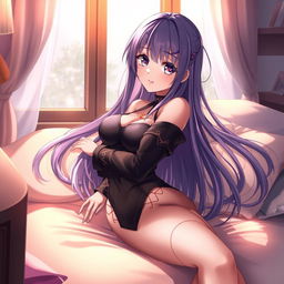 A beautiful anime-style waifu character, featuring long flowing hair and vibrant eyes, lounging elegantly in a cozy, softly lit room