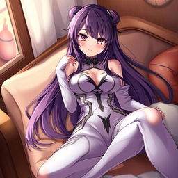 A beautiful anime-style waifu character, featuring long flowing hair and vibrant eyes, lounging elegantly in a cozy, softly lit room