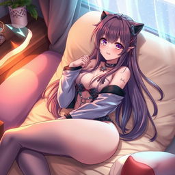 A beautiful anime-style waifu character, featuring long flowing hair and vibrant eyes, lounging elegantly in a cozy, softly lit room