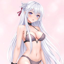 A captivating anime-style waifu with long flowing white hair cascading down to her waist, featuring a seductive and playful ahegao facial expression; she's wearing a stylish and revealing outfit that accentuates her curves and adds to her allure
