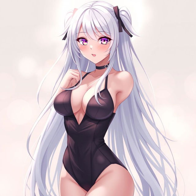 A captivating anime-style waifu with long flowing white hair cascading down to her waist, featuring a seductive and playful ahegao facial expression; she's wearing a stylish and revealing outfit that accentuates her curves and adds to her allure