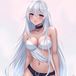 A captivating anime-style waifu with long flowing white hair cascading down to her waist, featuring a seductive and playful ahegao facial expression; she's wearing a stylish and revealing outfit that accentuates her curves and adds to her allure