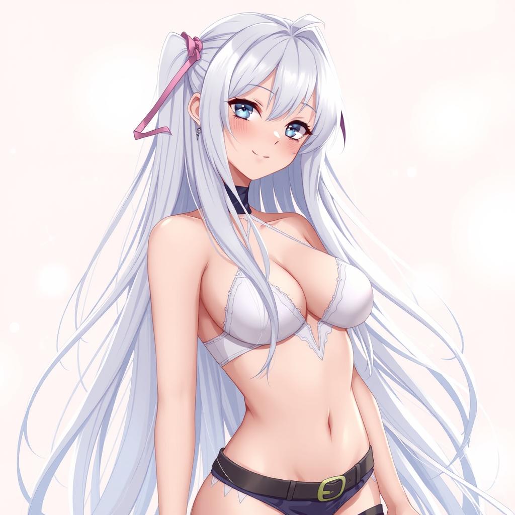 A captivating anime-style waifu with long flowing white hair cascading down to her waist, featuring a seductive and playful ahegao facial expression; she's wearing a stylish and revealing outfit that accentuates her curves and adds to her allure