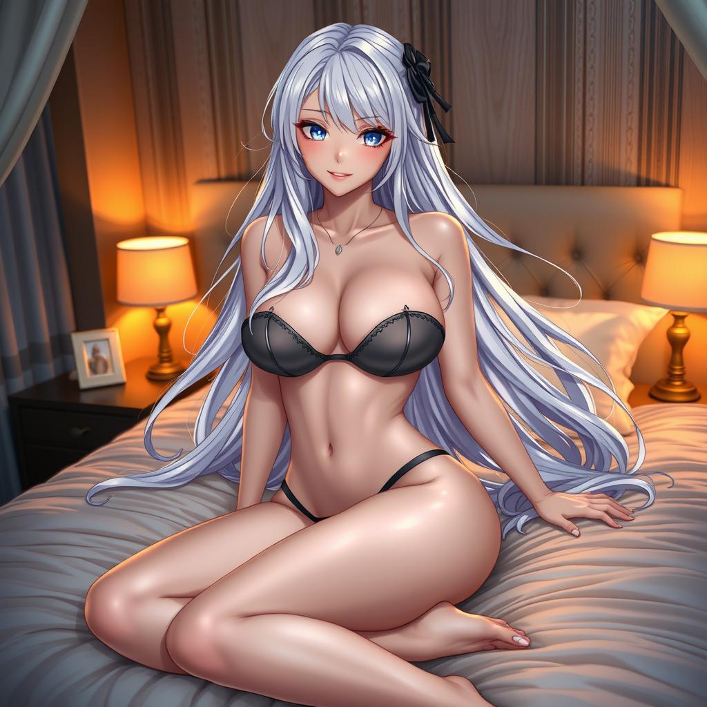 A stunning waifu character with long flowing white hair, radiating an aura of allure and seduction
