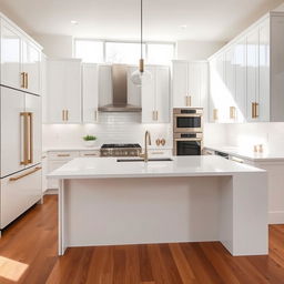 A modern kitchen design, featuring sleek white cabinets with brushed gold handles, a large central island with a white quartz countertop that doubles as a breakfast bar, and pendant lighting with a minimalist design hanging over the island