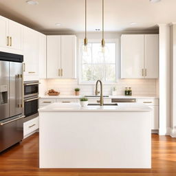 A modern kitchen design, featuring sleek white cabinets with brushed gold handles, a large central island with a white quartz countertop that doubles as a breakfast bar, and pendant lighting with a minimalist design hanging over the island