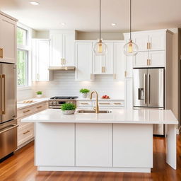 A modern kitchen design, featuring sleek white cabinets with brushed gold handles, a large central island with a white quartz countertop that doubles as a breakfast bar, and pendant lighting with a minimalist design hanging over the island