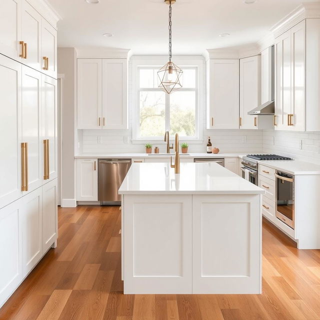 A modern kitchen design, featuring sleek white cabinets with brushed gold handles, a large central island with a white quartz countertop that doubles as a breakfast bar, and pendant lighting with a minimalist design hanging over the island