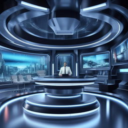 A voice-inspired background for a futuristic TV anchor's studio, integrating design elements from the architecture provided in the given link.