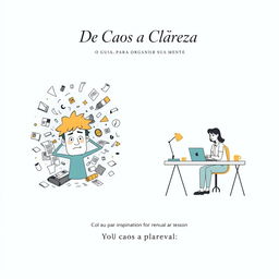 A clean and organized cover design featuring a split layout: on the left side, an illustration of a confused and disorganized person surrounded by chaotic elements like scattered papers and a cluttered workspace, symbolizing chaos