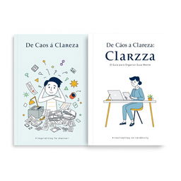 A clean and organized cover design featuring a split layout: on the left side, an illustration of a confused and disorganized person surrounded by chaotic elements like scattered papers and a cluttered workspace, symbolizing chaos