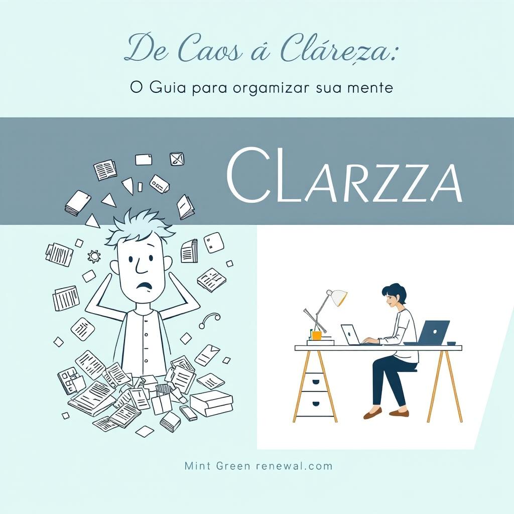 A clean and organized cover design featuring a split layout: on the left side, an illustration of a confused and disorganized person surrounded by chaotic elements like scattered papers and a cluttered workspace, symbolizing chaos