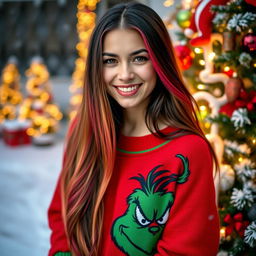 A young woman with long hair that has a gradient from black to red, wearing festive Christmas clothing inspired by the Grinch