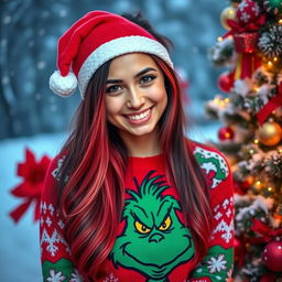 A young woman with long hair that has a gradient from black to red, wearing festive Christmas clothing inspired by the Grinch