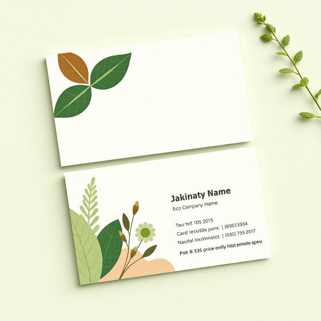 An eco-friendly business card design featuring a natural aesthetic, with earthy tones such as greens, browns, and beiges