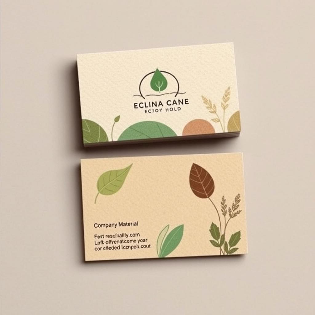 An eco-friendly business card design featuring a natural aesthetic, with earthy tones such as greens, browns, and beiges