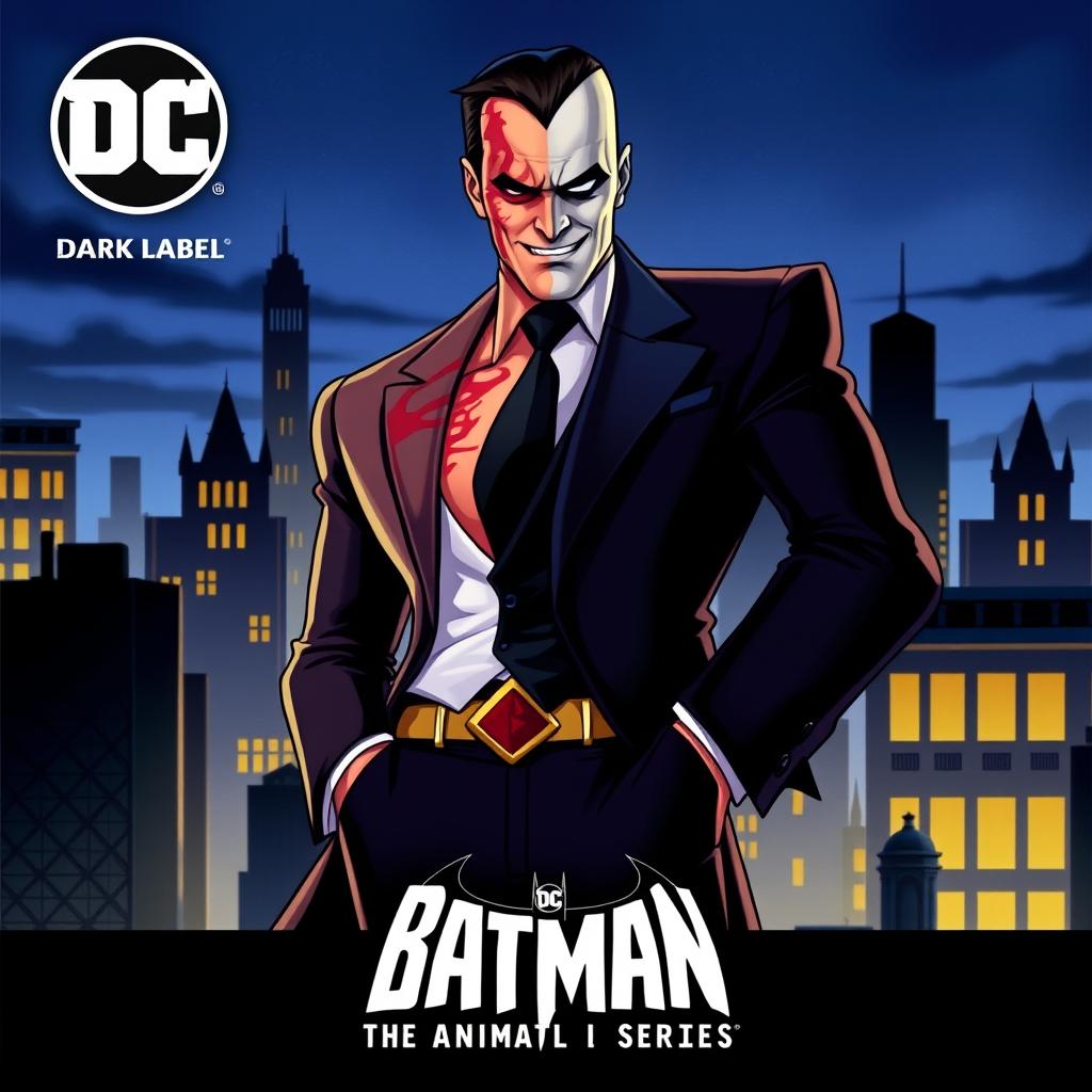 A vibrant and stylized cover art inspired by Batman: The Animated Series, showcasing the character Two-Face