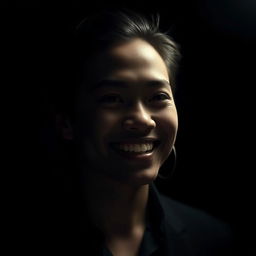 A cinematic portrait of a person with a smile on their face, set against a dark, moody background that enhances the contrast
