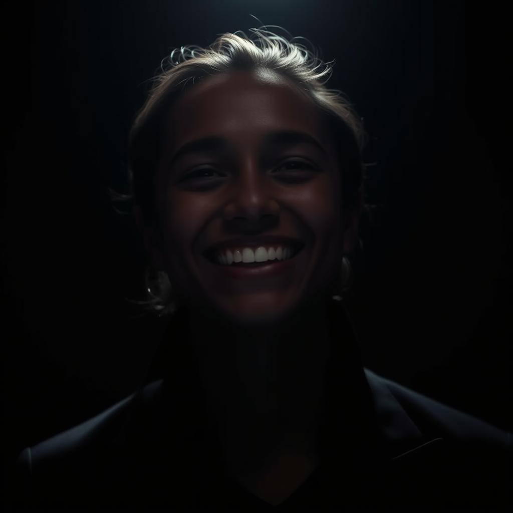 A cinematic portrait of a person with a smile on their face, set against a dark, moody background that enhances the contrast