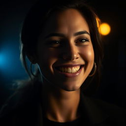 A cinematic portrait of a person with a smile on their face, set against a dark, moody background that enhances the contrast
