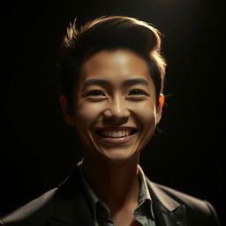 A cinematic portrait of a person with a smile on their face, set against a dark, moody background that enhances the contrast