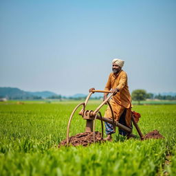 An Indian farmer working in a lush green field, skillfully plowing the land with a traditional plow