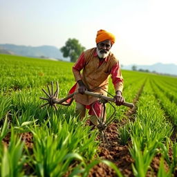 An Indian farmer working in a lush green field, skillfully plowing the land with a traditional plow