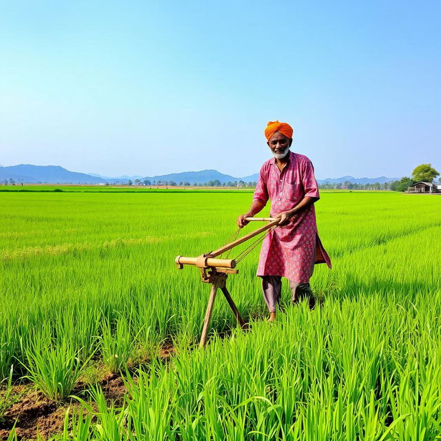 An Indian farmer working in a lush green field, skillfully plowing the land with a traditional plow