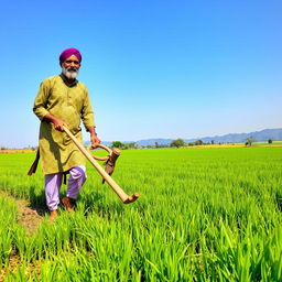 An Indian farmer working in a lush green field, skillfully plowing the land with a traditional plow