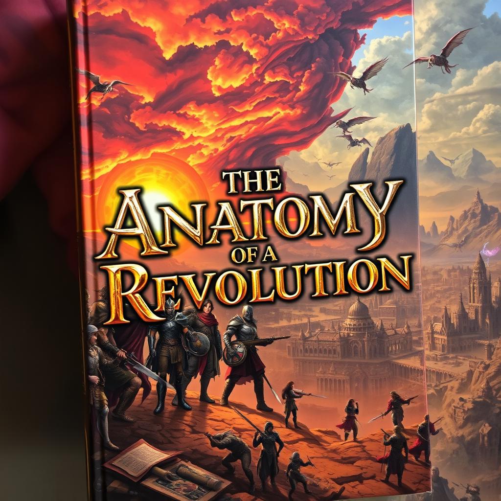 A captivating fantasy book cover for 'The Anatomy of a Revolution', featuring a dramatic and intricate illustration of a mythical world