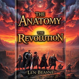 A captivating fantasy book cover for 'The Anatomy of a Revolution', featuring a dramatic and intricate illustration of a mythical world