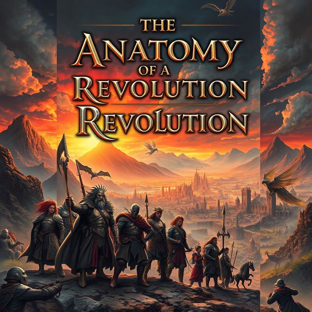 A captivating fantasy book cover for 'The Anatomy of a Revolution', featuring a dramatic and intricate illustration of a mythical world