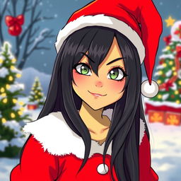 A girl with long gradient hair in black and red, dressed in festive Christmas clothing inspired by the Grinch