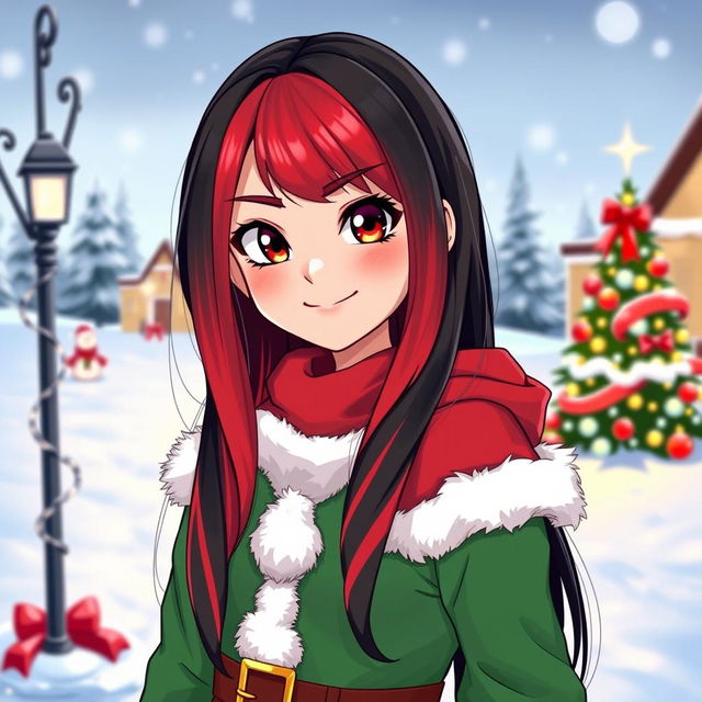 A girl with long gradient hair in black and red, dressed in festive Christmas clothing inspired by the Grinch