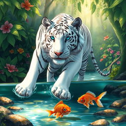An enchanting illustration of a majestic white tiger with striking blue eyes stepping gracefully into a crystal-clear stream, where a playful catfish swims beside it