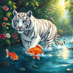 An enchanting illustration of a majestic white tiger with striking blue eyes stepping gracefully into a crystal-clear stream, where a playful catfish swims beside it
