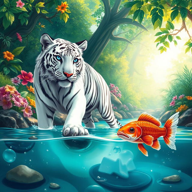 An enchanting illustration of a majestic white tiger with striking blue eyes stepping gracefully into a crystal-clear stream, where a playful catfish swims beside it