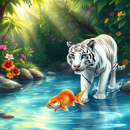 An enchanting illustration of a majestic white tiger with striking blue eyes stepping gracefully into a crystal-clear stream, where a playful catfish swims beside it