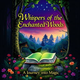 A captivating book cover design featuring an enchanted forest with mystical creatures peeking through the trees