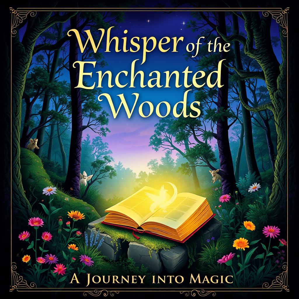 A captivating book cover design featuring an enchanted forest with mystical creatures peeking through the trees