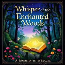 A captivating book cover design featuring an enchanted forest with mystical creatures peeking through the trees