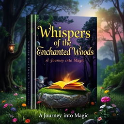 A captivating book cover design featuring an enchanted forest with mystical creatures peeking through the trees