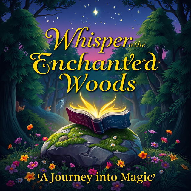 A captivating book cover design featuring an enchanted forest with mystical creatures peeking through the trees