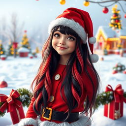 A girl with long gradient hair in black and red, wearing cheerful Christmas attire reminiscent of the Grinch