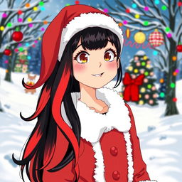 A girl with long gradient hair in black and red, wearing cheerful Christmas attire reminiscent of the Grinch