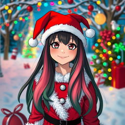 A girl with long gradient hair in black and red, wearing cheerful Christmas attire reminiscent of the Grinch