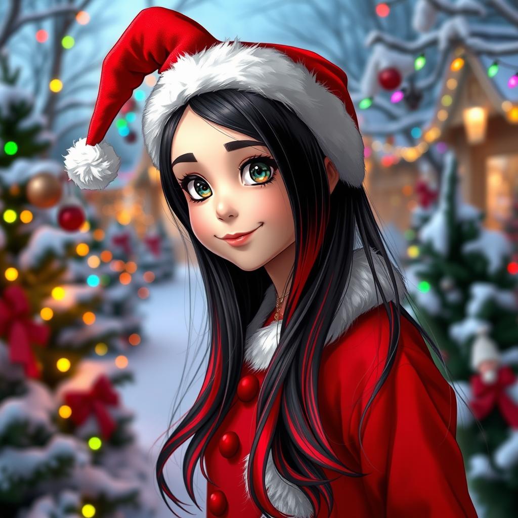 A girl with long gradient hair in black and red, wearing cheerful Christmas attire reminiscent of the Grinch