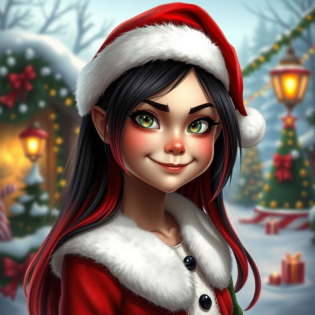 A realistic depiction of a girl with long gradient hair in black and red, wearing festive Christmas attire inspired by the Grinch