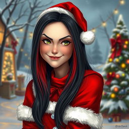 A realistic depiction of a girl with long gradient hair in black and red, wearing festive Christmas attire inspired by the Grinch