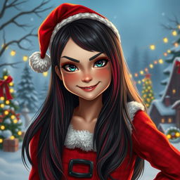 A realistic depiction of a girl with long gradient hair in black and red, wearing festive Christmas attire inspired by the Grinch